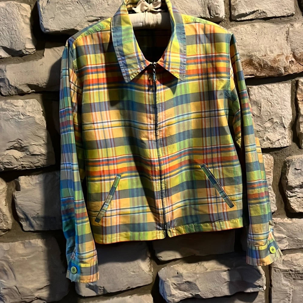 🍎 Vintage Donna Karan New York 100% Silk pastel plaid Jacket coat 1990s